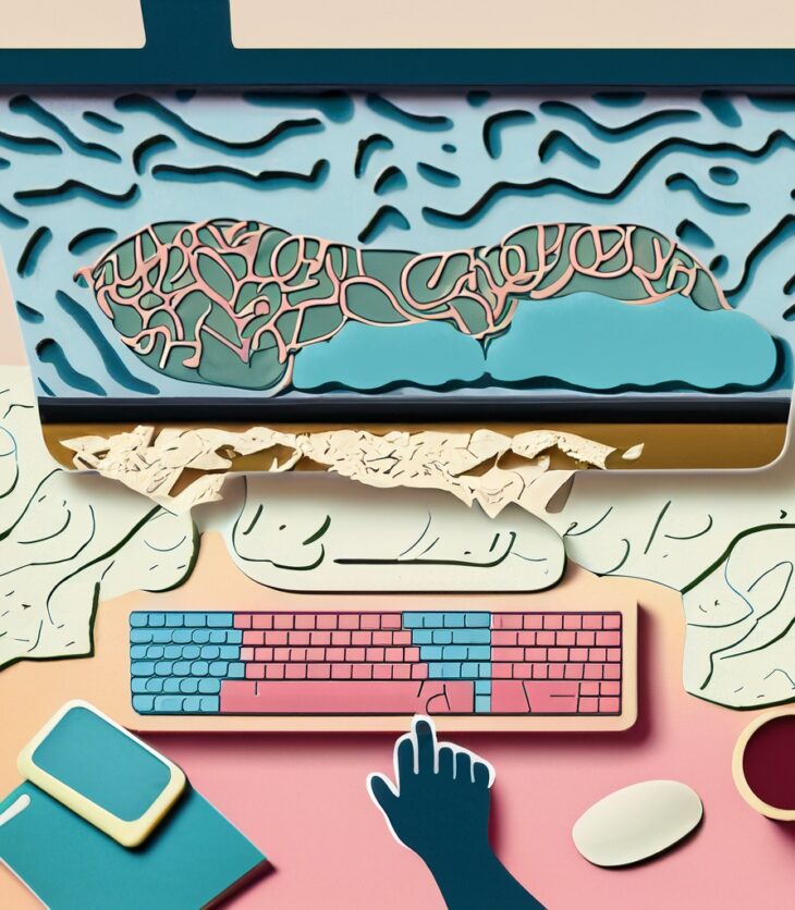 Collage of a computer keyboard, mouse and monitor