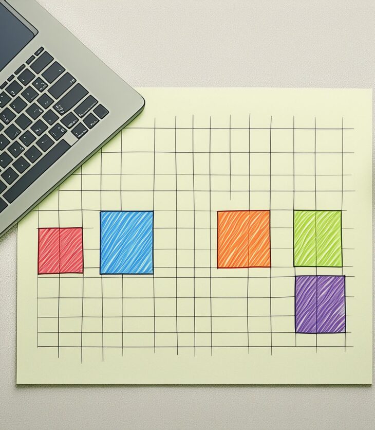 a laptop computer, cup of coffee and sketch of four coloured squares on a piece of paper